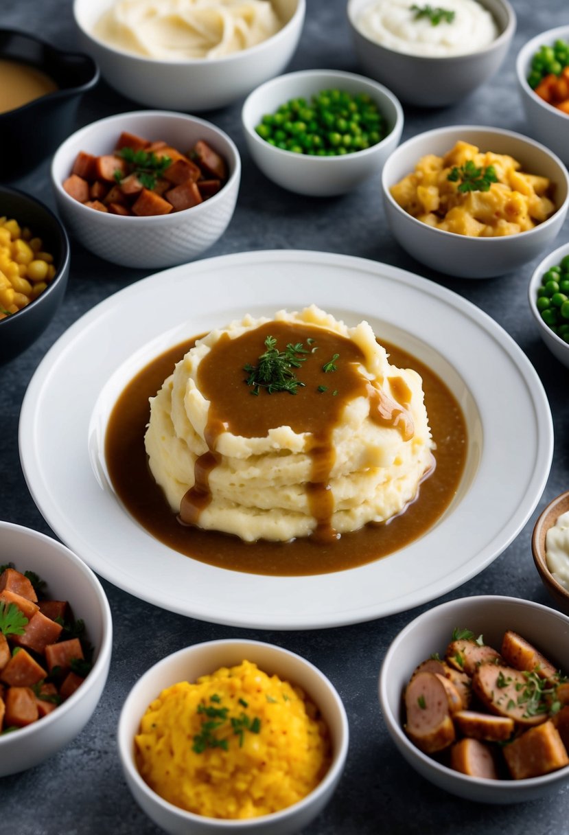 A plate of creamy mashed potatoes with rich brown gravy, surrounded by 20 different side dishes for ham